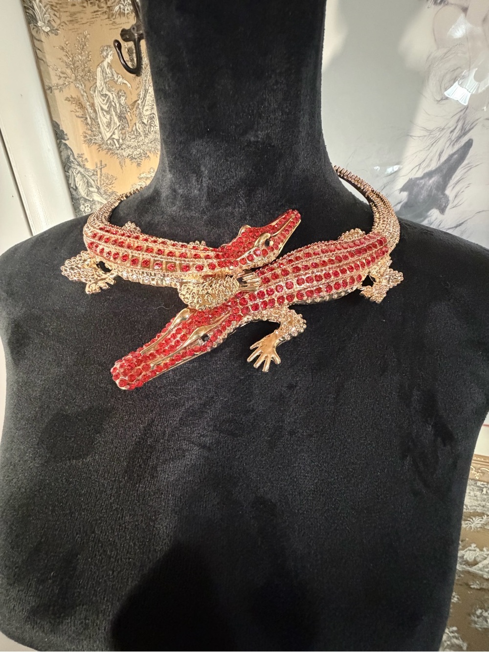 Gold-Tone Red Crystal Crocodile Collar Necklace by